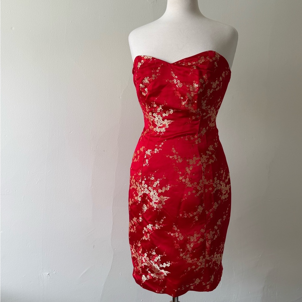 Red & Gold Brocade Strapless Corset Dress | Asian-Inspired Formal | Size 4